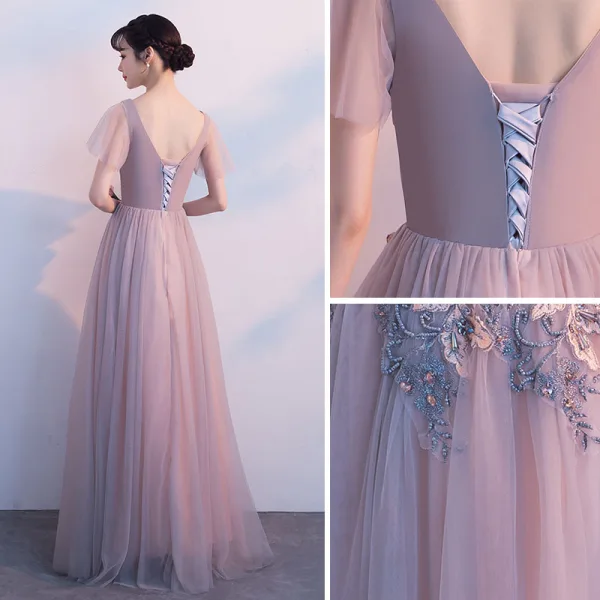 Chic / Beautiful Pearl Pink Prom Dresses 2018 A-Line / Princess Beading Crystal Lace Appliques V-Neck Backless Short Sleeve Floor-Length / Long Formal Dresses