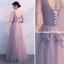 Chic / Beautiful Pearl Pink Prom Dresses 2018 A-Line / Princess Beading Crystal Lace Appliques V-Neck Backless Short Sleeve Floor-Length / Long Formal Dresses