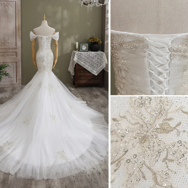 Fashion White Trumpet / Mermaid Wedding Dresses 2021 Off-The-Shoulder Glitter Sequins Lace Flower Sleeveless Backless Cathedral Train Wedding