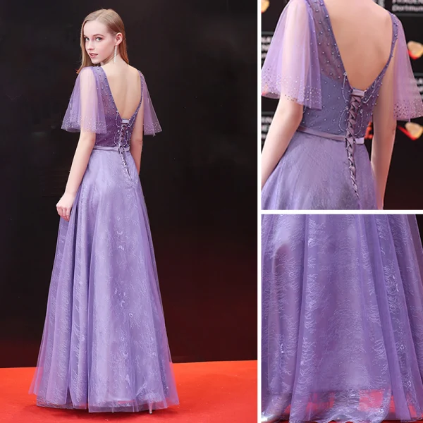 Chic / Beautiful Lilac Evening Dresses 2018 A-Line / Princess Beading Rhinestone Bow V-Neck Backless Short Sleeve Floor-Length / Long Formal Dresses