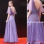 Chic / Beautiful Lilac Evening Dresses  2018 A-Line / Princess Beading Rhinestone Bow V-Neck Backless Short Sleeve Floor-Length / Long Formal Dresses