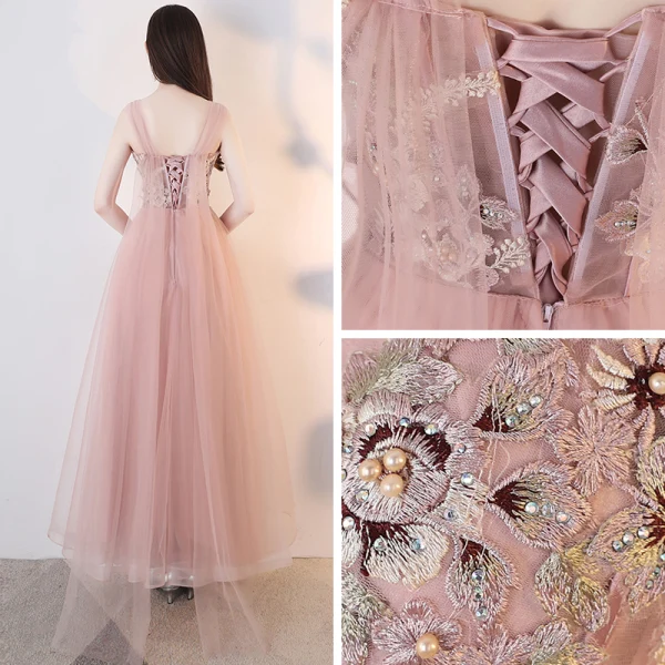 Chic / Beautiful Nude Prom Dresses 2018 A-Line / Princess Lace Appliques Pearl Rhinestone Off-The-Shoulder Backless Sleeveless Ankle Length Formal Dresses