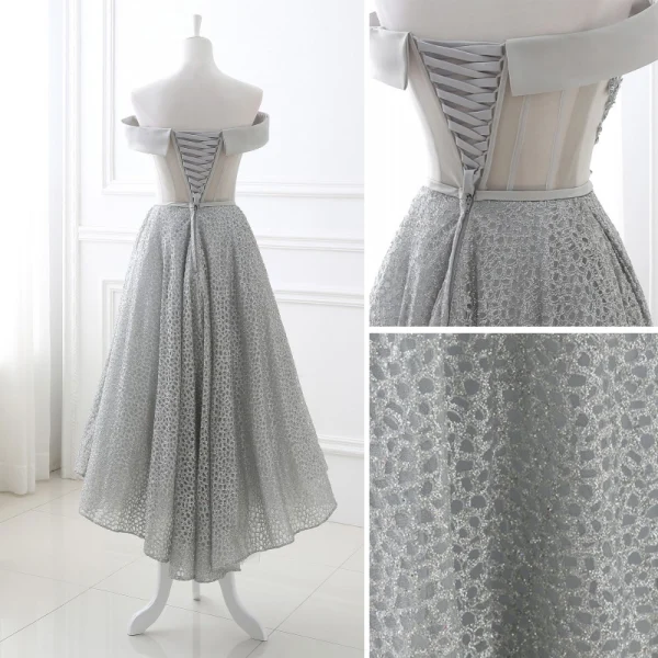 Schöne Grau Glanz Abendkleider 2018 A Linie Pailletten Off Shoulder Rückenfreies Ärmellos Asymmetrisch Festliche Kleider