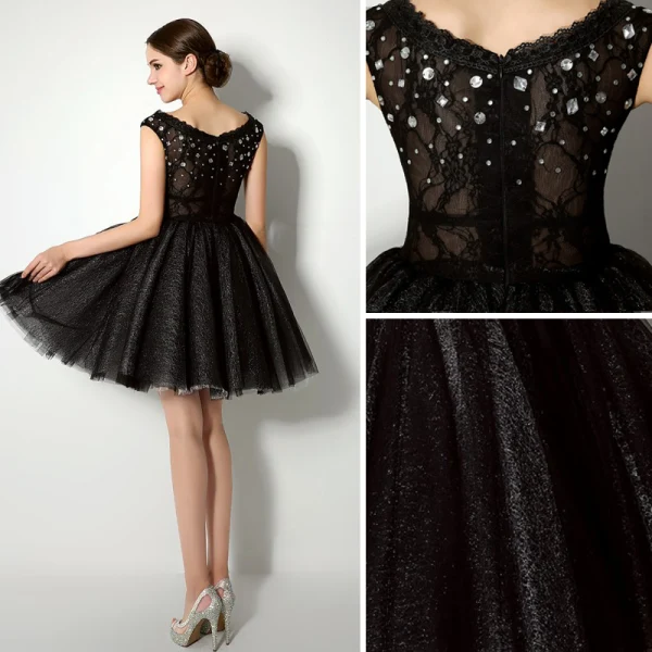 Chic / Belle Noire Robe De Cocktail 2018 Robe Boule Cristal Paillettes Dentelle Encolure Carrée Sans Manches Courte Robe De Ceremonie