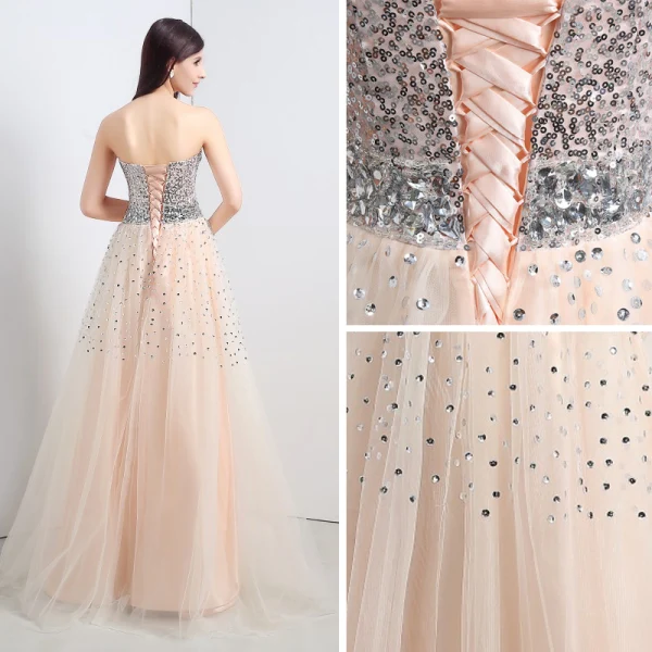 Sparkly Champagne Ballkjoler 2018 Prinsesse Beading Paljetter Krystall Kjæreste Ryggløse Uten Ermer Lange Formelle Kjoler