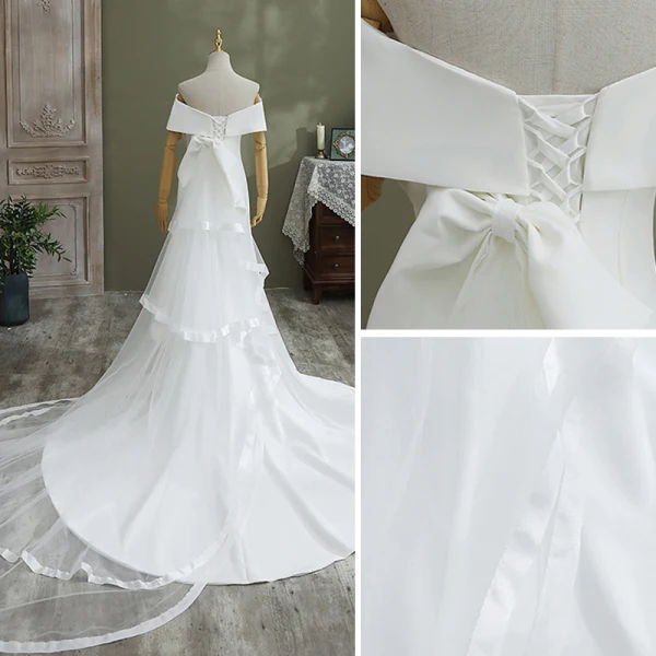 Élégant Ivoire Trompette / Sirène Satin Robe De Mariée 2021 De l'épaule Manches Courtes Dos Nu Cathedral Train