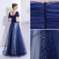 Elegant Kongeblå Selskapskjoler 2018 Prinsesse Krystall Rhinestone Paljetter Stjerne Kjæreste Ryggløse Korte Ermer Lange Formelle Kjoler