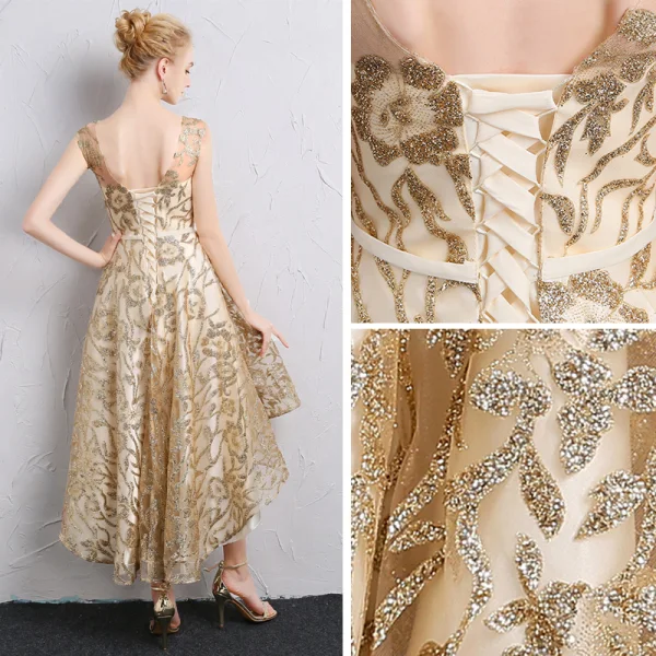 Glittrande Guld Cocktailklänningar 2018 Prinsessa Skärp Glittriga / Glitter Urringning Halterneck Ärmlös Asymmetrisk Formella Klänningar