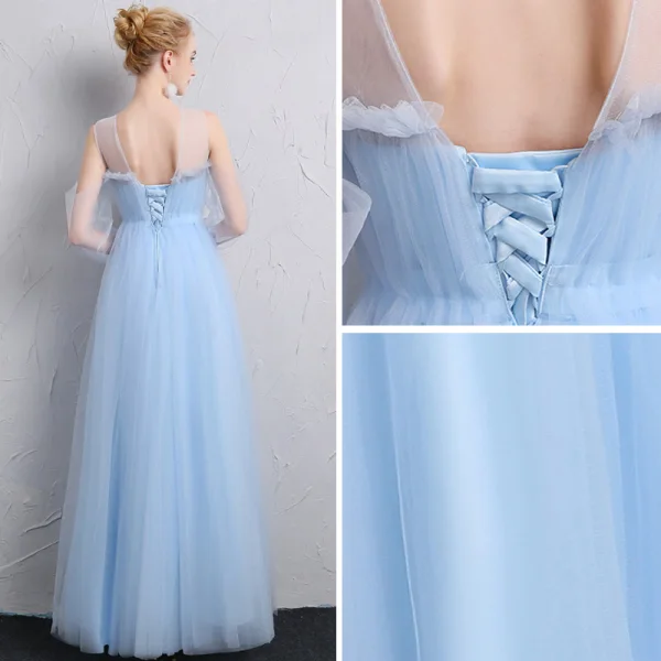 Modest / Simple Sky Blue Bridesmaid Dresses 2018 A-Line / Princess Shoulders Backless Short Sleeve Floor-Length / Long Wedding Party Dresses