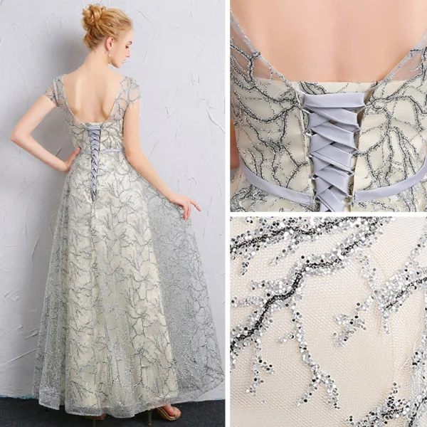 Chic / Beautiful Grey Bridesmaid Dresses 2018 A-Line / Princess Sash Glitter Scoop Neck Backless Short Sleeve Floor-Length / Long Wedding Party Dresses