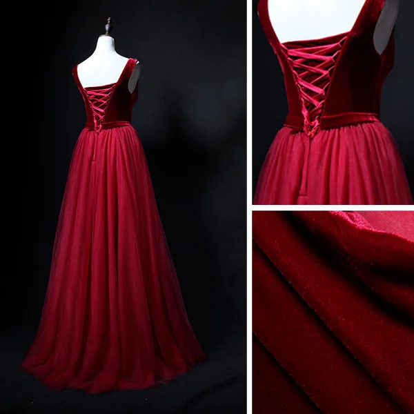 Chic / Belle Bordeaux Robe De Bal 2018 Princesse Cristal Faux Diamant Daim V-Cou Dos Nu Sans Manches Longue Robe De Ceremonie