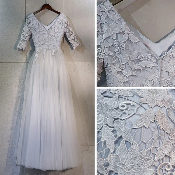 Chic / Beautiful Grey Prom Dresses 2018 A-Line / Princess Lace Appliques V-Neck Backless 1/2 Sleeves Ankle Length Formal Dresses