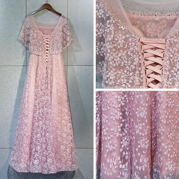 Chic / Belle Rougissant Rose Robe De Bal 2018 Princesse En Dentelle Fleur Cristal Faux Diamant Encolure Dégagée Dos Nu Manches Courtes Longueur Cheville Robe De Ceremonie