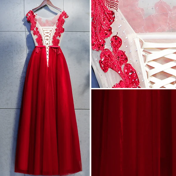 Chic / Belle Bordeaux Robe De Bal 2018 Princesse En Dentelle Appliques Cristal Faux Diamant Paillettes Noeud Encolure Dégagée Dos Nu Sans Manches Longueur Cheville Robe De Ceremonie