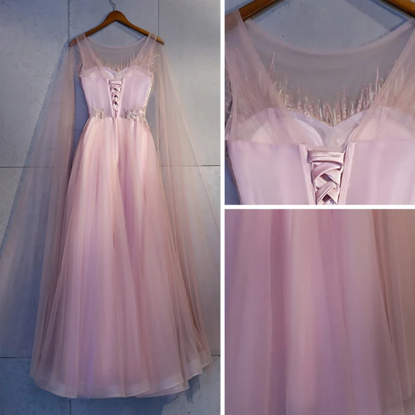 Chic / Belle Rose Bonbon Robe De Soirée 2018 Princesse En Dentelle Appliques Cristal Encolure Dégagée Dos Nu Sans Manches Longue Robe De Ceremonie