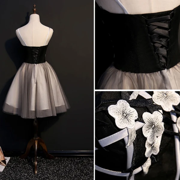 Sexy Black Cocktail Dresses 2018 A-Line / Princess Appliques Spaghetti Straps Backless Sleeveless Short Formal Dresses