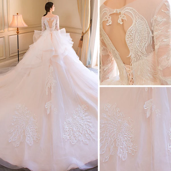 Élégant Champagne Robe De Mariée 2018 Robe Boule Appliques Volants en Cascade Encolure Dégagée 1/2 Manches Dos Nu Cathedral Train Mariage