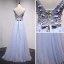 Chic / Belle Bleu Ciel Robe De Bal 2018 Princesse En Dentelle Fleur Appliques Cristal V-Cou Dos Nu Sans Manches Longue Robe De Ceremonie