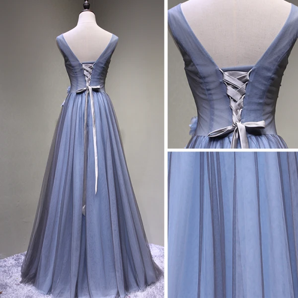 Chic / Beautiful Grey Prom Dresses 2018 A-Line / Princess Lace Flower Appliques Crystal V-Neck Backless Sleeveless Floor-Length / Long Formal Dresses