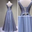 Chic / Beautiful Grey Prom Dresses 2018 A-Line / Princess Lace Flower Appliques Crystal V-Neck Backless Sleeveless Floor-Length / Long Formal Dresses