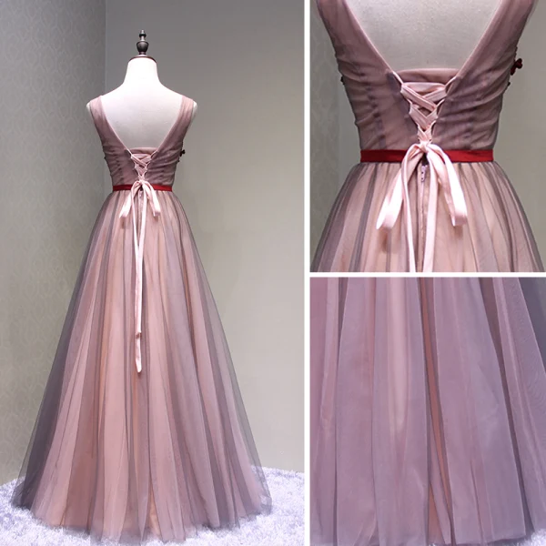 Chic / Belle Bordeaux Robe De Bal 2018 Princesse Appliques Cristal Noeud V-Cou Dos Nu Sans Manches Longue Robe De Ceremonie