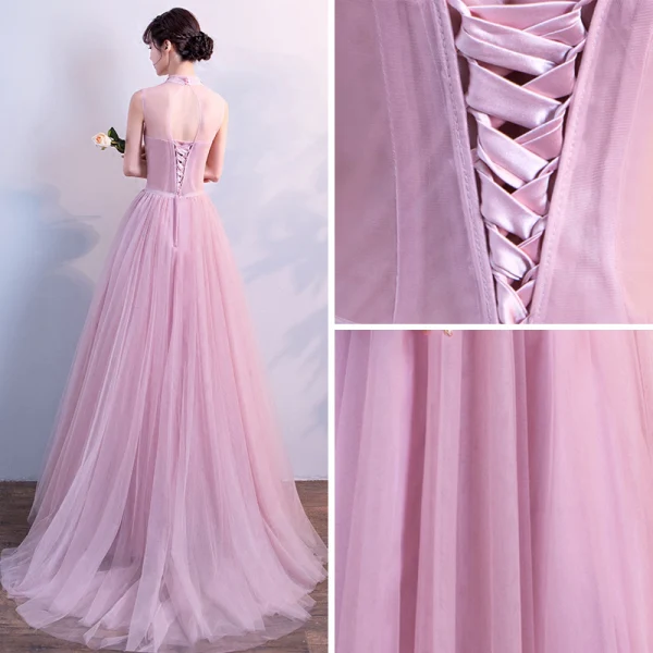 Chic / Beautiful Candy Pink Prom Dresses 2018 A-Line / Princess Glitter Rhinestone Scoop Neck Backless Sleeveless Floor-Length / Long Formal Dresses