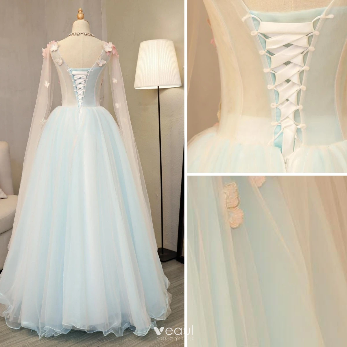 Flower Fairy Sky Blue Prom Dresses 2018 ALine / Princess Appliques