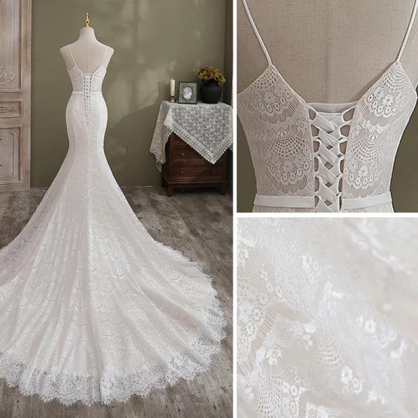 Sexy Simple Ivoire Trompette / Sirène Robe De Mariée 2021 Bretelles Spaghetti Sans Manches Dos Nu En Dentelle Fleur Cathedral Train Mariage