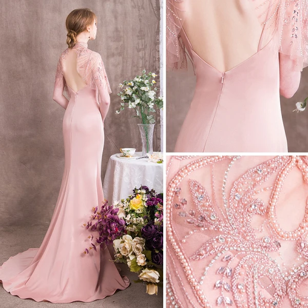 Luxury / Gorgeous Pearl Pink Evening Dresses  2018 Trumpet / Mermaid Beading Crystal Rhinestone Pearl High Neck Backless Short Sleeve Sweep Train Formal Dresses