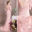 Luxury / Gorgeous Pearl Pink Evening Dresses  2018 Trumpet / Mermaid Beading Crystal Rhinestone Pearl High Neck Backless Short Sleeve Sweep Train Formal Dresses