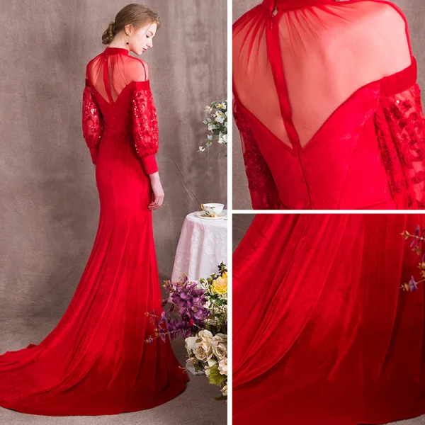 Modern / Fashion Chinese style Red Evening Dresses 2018 Trumpet / Mermaid Sequins High Neck Long Sleeve Sweep Train Formal Dresses