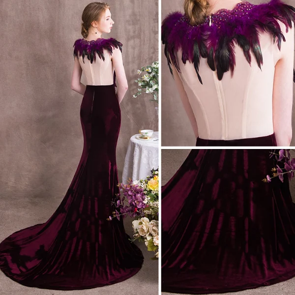 Amazing / Unique Grape Evening Dresses 2018 Trumpet / Mermaid Feather Rhinestone Scoop Neck Suede Sleeveless Sweep Train Formal Dresses