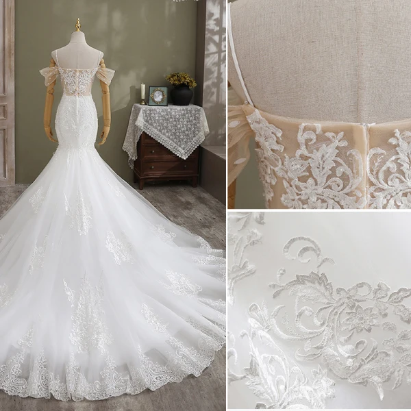 Sexy White Trumpet / Mermaid Wedding Dresses 2021 Spaghetti Straps Beading Pearl Rhinestone Lace Flower Sleeveless Backless Cathedral Train Wedding