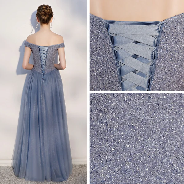 Chic / Beautiful Ocean Blue Prom Dresses 2018 A-Line / Princess Backless Beading Crystal Off-The-Shoulder Sleeveless Floor-Length / Long Formal Dresses