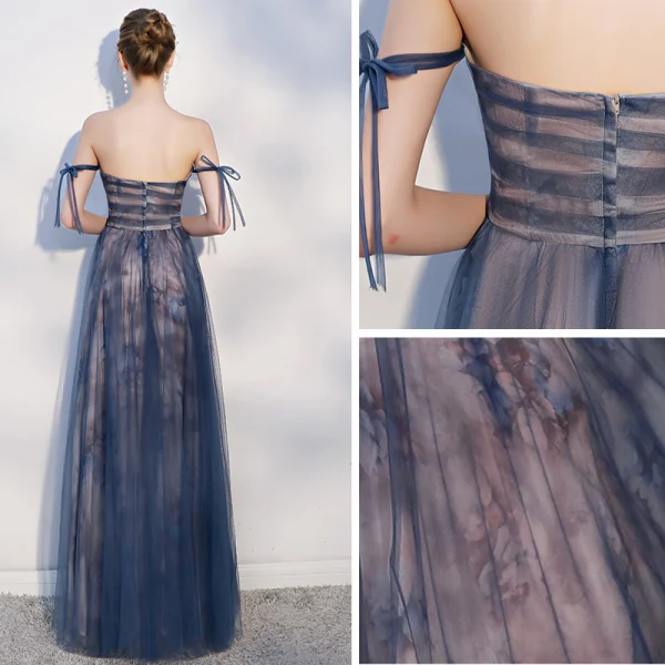 Elegant Navy Blue Evening Dresses 2018 A-Line / Princess Bow Backless Strapless Sleeveless Floor-Length / Long Formal Dresses