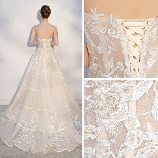 Elegant Champagne Brudekjoler 2018 Prinsesse Blonder Appliques Kjæreste Ryggløse Uten Ermer Domstol Tog Bryllup