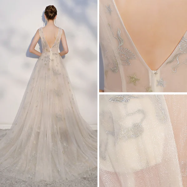 Élégant Champagne Transparentes Robe De Mariée 2018 Princesse Étoile Noeud Encolure Dégagée Dos Nu Sans Manches Tribunal Train Mariage