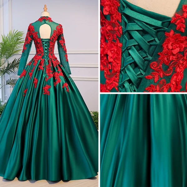 Vintage / Retro Quinceañera Ink Blue Prom Dresses 2018 Ball Gown Lace Appliques Pearl High Neck Backless Long Sleeve Floor-Length / Long Formal Dresses