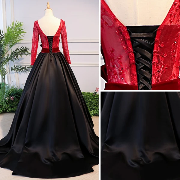 Elegant Black Prom Dresses 2018 Ball Gown Beading Bow Scoop Neck Backless Long Sleeve Sweep Train Formal Dresses