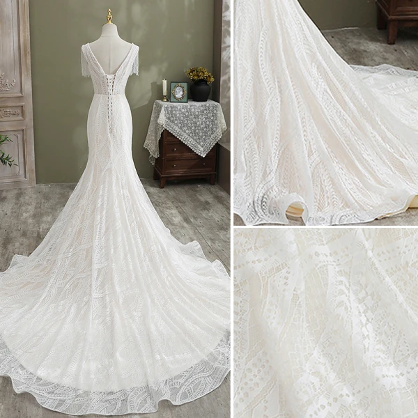 Charmant Blanche Trompette / Sirène Robe De Mariée 2021 V-Cou Perlage Gland En Dentelle Fleur Sans Manches Dos Nu Cathedral Train Mariage