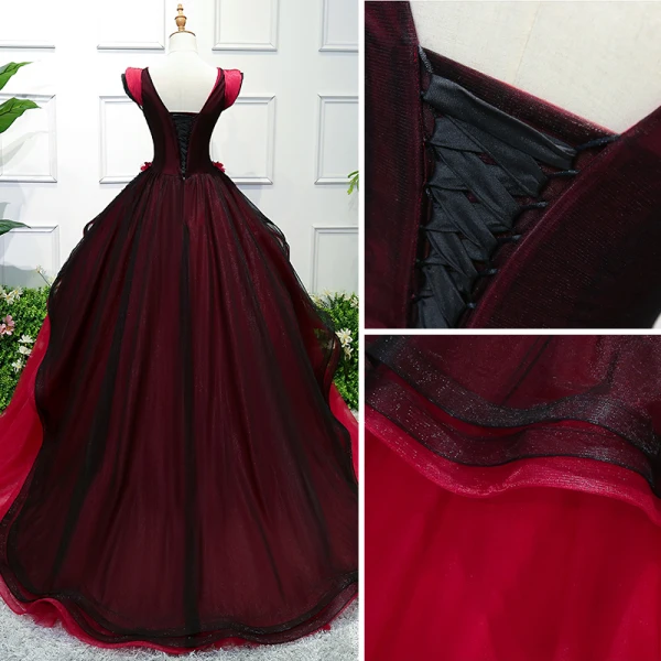 Elegant Red Quinceañera Prom Dresses 2018 Ball Gown Lace Flower Appliques V-Neck Backless Sleeveless Sweep Train Formal Dresses