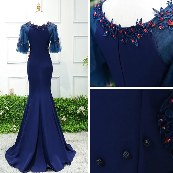Chic / Belle Bleu Roi Robe De Soirée 2018 Trompette / Sirène En Dentelle Fleur Appliques Perlage Paillettes Encolure Dégagée 1/2 Manches Train De Balayage Robe De Ceremonie