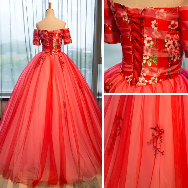Elegant Vannmelon Quinceañera Ballkjoler 2018 Ballkjole Printing Kjæreste Ryggløse Korte Ermer Lange Formelle Kjoler