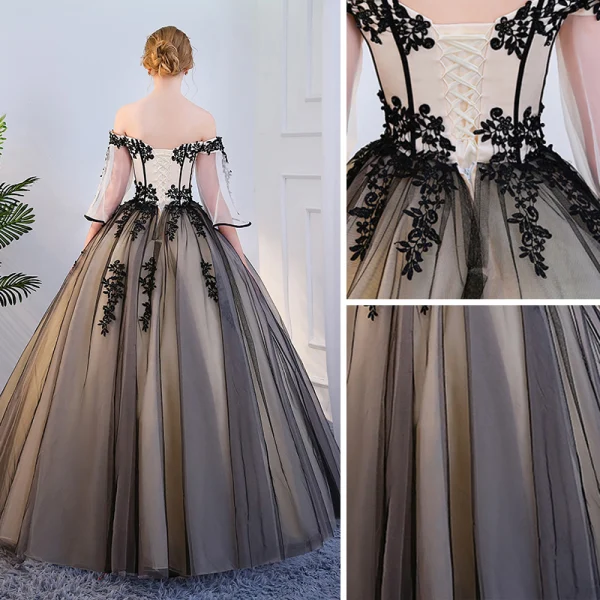 Elegant Black Quinceañera Prom Dresses 2018 Ball Gown Lace Appliques Off-The-Shoulder Backless 1/2 Sleeves Floor-Length / Long Formal Dresses
