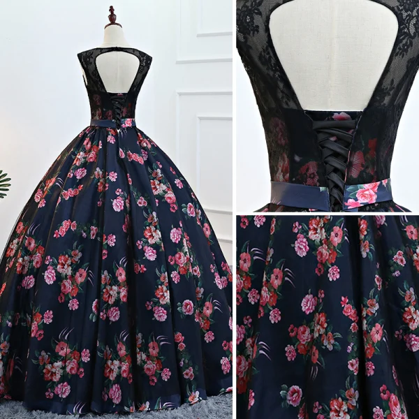 Vintage Marineblau Quinceañera Ballkleider 2018 Ballkleid Drucken Rundhalsausschnitt Rückenfreies Ärmellos Lange Festliche Kleider