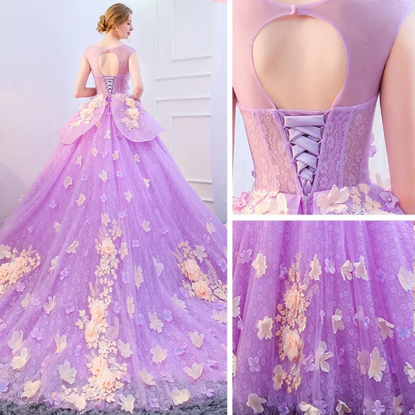 Flower Fairy Fuchsia Prom Dresses 2018 Ball Gown Appliques Pearl Scoop Neck Backless Sleeveless Court Train Formal Dresses