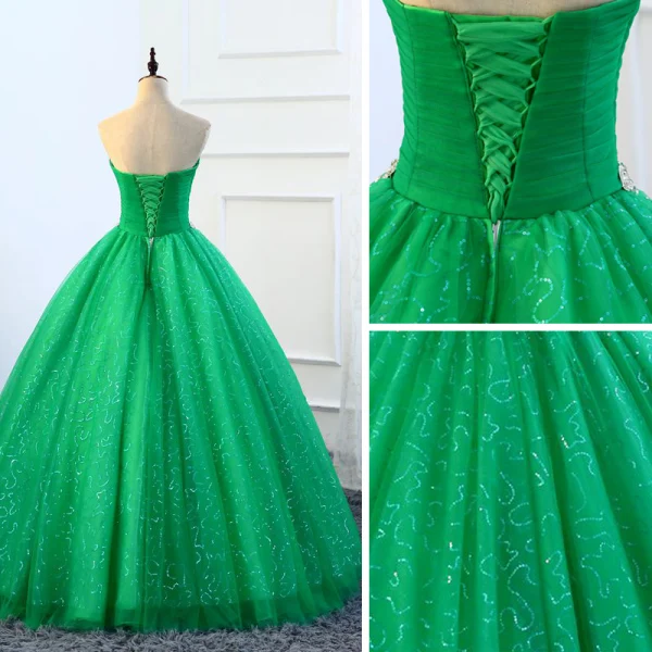 Vintage Grønn Quinceañera Ballkjoler 2018 Ballkjole Rhinestone Paljetter Kjæreste Ryggløse 1/2 Ermer Lange Formelle Kjoler