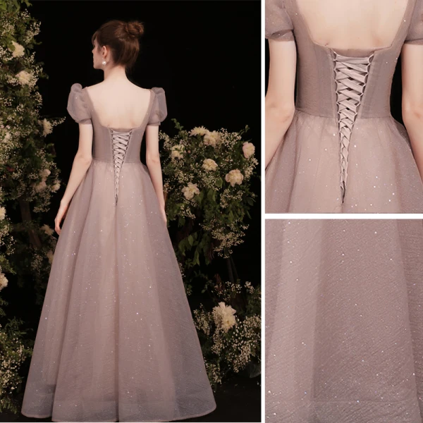 Vintage / Retro Glitter Dusky Pink Evening Dresses  Prom Dresses 2021 A-Line / Princess V-Neck Lace Flower Short Sleeve Backless Floor-Length / Long Formal Dresses