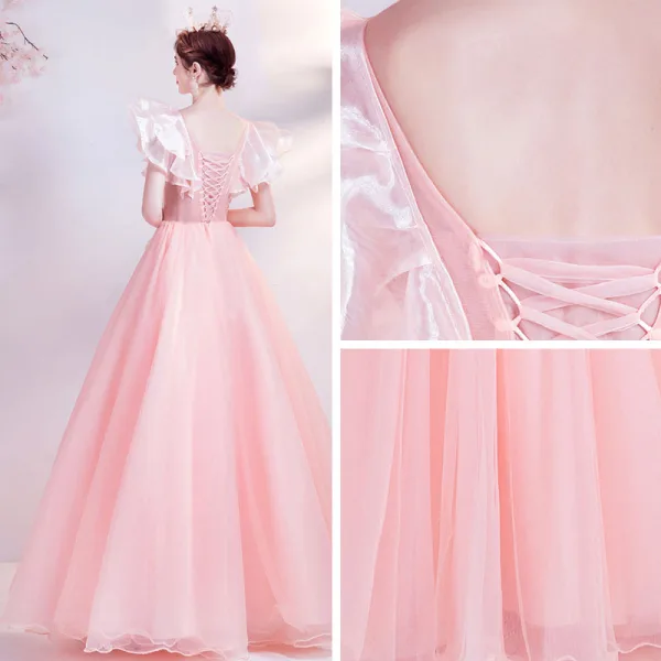 Flower Fairy Candy Pink Ruffle Prom Dresses 2021 A-Line / Princess V-Neck Lace Flower Appliques Long Sleeve Backless Floor-Length / Long Prom Formal Dresses