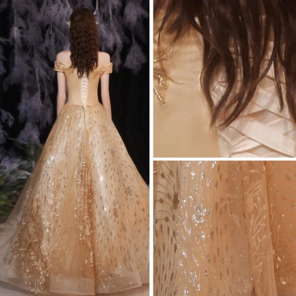 Chic / Belle Doré Robe De Bal 2021 Princesse De l'épaule Sans Manches En Dentelle Fleur Perlage Perle Dos Nu Longue Promo Robe De Ceremonie
